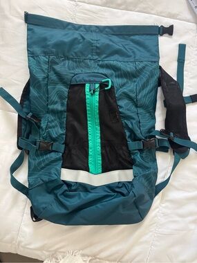 Teal Roll-Top Backpack with Front Zip and Reflective Strip
